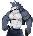  2018 5_fingers abs anthro belt biceps black_nose canine chung0_0 clothed clothing digital_media_(artwork) fur gun hi_res male mammal muscular muscular_male nipples pants pecs ranged_weapon scar simple_background topless weapon wolf yellow_eyes 