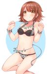  animal_print belly_chain bikini black_bikini blush bracelet breasts brown_eyes brown_hair circle cleavage collarbone commentary eyebrows_visible_through_hair grin highres jewelry jumping koretsuna looking_at_viewer medium_breasts navel necklace print_bikini sajima_yumi school_girl_strikers short_hair skindentation smile standing string_bikini swimsuit symbol_commentary v-shaped_eyebrows w_arms 