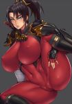  arm_guards armor black_hair bodysuit breasts brown_eyes brown_hair cameltoe clenched_teeth commentary covered_navel covered_nipples curvy fingerless_gloves gloves grey_background huge_breasts japanese_armor kote large_breasts leg_lift long_hair looking_at_viewer mikoyan ninja parted_lips ponytail red_bodysuit shoulder_armor simple_background skin_tight skull solo soulcalibur soulcalibur_vi spread_legs suneate sword sword_behind_back taki_(soulcalibur) teeth thick_thighs thighs toned weapon 