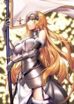  absurdres armor armored_dress blonde_hair blue_eyes breasts chain collar commentary eyebrows_visible_through_hair fate/apocrypha fate/grand_order fate_(series) faulds flag fur_trim gauntlets headpiece highres holding holding_flag jeanne_d'arc_(fate) jeanne_d'arc_(fate)_(all) large_breasts long_hair plackart standard_bearer thighhighs thighs very_long_hair yagitome87 