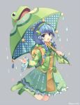  animal_themed_umbrella backpack bag blue_hair boots bow braid dress frog green_bow green_dress green_footwear green_hairband hairband holding holding_umbrella jumping lily_pad long_hair long_sleeves open_mouth polka_dot polka_dot_umbrella rain randoseru rento_(rukeai) shironeko_project smile solo tsuyuha_(shironeko_project) umbrella 