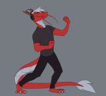 2018 air_guitar animated anthro clothing dragon eastern_dragon flat_colors flesh_whiskers hair headphones horn male red_scales scales simple_background solo spotty-servine styx_y._renegade white_hair 