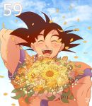  1boy ^_^ arm_up black_hair bouquet cloud cloudy_sky commentary_request day dougi dragon_ball dragonball_z eyes_closed flower flower_request happy image_sample kuuta_(extra414) leaf male_focus number open_mouth orange_flower outdoors petals pink_flower short_hair signature sky smile son_gokuu spiked_hair sunflower twitter_sample upper_body wristband yellow_flower 