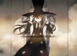  absurdres black_hair coat coffin commentary_request glasses hat highres hitsugi_katsugi_no_kuro kiyuzuki_satoko kuro_(hitsugi_katsugi_no_kuro) long_hair long_sleeves necktie round_eyewear solo yellow_eyes 