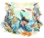  :d black_eyes black_hair bubble coral day dragon_ball dragon_ball_(classic) fish happy harunkea looking_down male_focus ocean open_mouth riding short_hair smile son_gokuu spiked_hair sunlight underwater water 