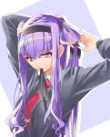  bangs black_ribbon blunt_bangs eyebrows_visible_through_hair grey_jacket hair_between_eyes hair_ribbon highres hugtto!_precure jacket long_hair mouth_hold necktie precure purple_eyes purple_hair red_neckwear ribbon ribbon_in_mouth ruru_amour solo tying_hair upper_body very_long_hair yuutarou_(fukiiincho) 