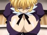  1girl animated animated_gif bakunyuu_maid_gari blonde_hair bouncing_breasts breasts cleavage huge_breasts looking_at_viewer red_eyes suzuki_hanako_(bakunyuu_maid_gari) 