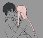  1boy 1girl blush breasts couple darling_in_the_franxx face-to-face fringe hetero hiro_(darling_in_the_franxx) horns hug kiss long_hair looking_at_another medium_breasts oni_horns pink_hair red_horns sayuri-san shirt short_hair zero_two_(darling_in_the_franxx) 