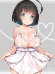  ahoge areolae bangs bare_arms bare_shoulders blush bow breasts brown_hair cisyo cleavage closed_mouth collarbone commentary_request cowboy_shot dated eyebrows_visible_through_hair green_eyes heart large_breasts lingerie looking_at_viewer negligee original panties see-through short_hair signature solo twitter_username underwear underwear_only white_bow white_panties 