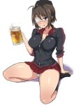  :p alcohol arm_support bangs beer beer_mug black_hat black_jacket black_legwear blue_eyes blue_panties breasts brown_hair cleavage commentary_request cup emblem eyebrows_visible_through_hair eyepatch froth garrison_cap geshiko_(girls_und_panzer) girls_und_panzer hat highres holding holding_cup jacket kuromorimine_military_uniform medium_breasts military_hat miniskirt mordeth panties pantyshot pantyshot_(sitting) pleated_skirt red_skirt short_hair sitting skirt sleeves_rolled_up socks solo spilling tongue tongue_out track_jacket underwear wariza zipper_pull_tab 