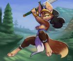  anthro breasts canine clothed clothing dog female hair mammal melee_weapon nipples reign-2004 short_stack solo sword topless weapon 