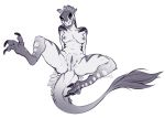  2018 anthro blackgriffin breasts claws cum dinosaur feathers feet female looking_at_viewer nipples nude paws pussy raptor scalie solo spread_legs spreading theropod tongue 