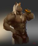  2015 abs anthro biceps big_muscles blue_eyes body_hair brown_fur burger chest_hair clothed clothing daskun digital_media_(artwork) equine food front_view fur gradient_background hair half-length_portrait happy_trail holding_food holding_object horn long_hair looking_at_viewer male mammal muscular muscular_male obliques pecs penis penis_base pink_penis portrait signature simple_background snout solo standing thong underwear unicorn white_hair white_tail 