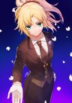  alternate_costume black_jacket black_neckwear black_pants blonde_hair closed_mouth commentary_request fate/apocrypha fate/grand_order fate_(series) flower formal gogatsu_fukuin green_eyes hair_ornament hair_scrunchie hand_on_hip heroic_spirit_formal_dress highres jacket long_hair long_sleeves mordred_(fate) mordred_(fate)_(all) necktie outstretched_arm pant_suit pants petals ponytail purple_flower purple_rose red_scrunchie rose scrunchie shirt signature smile solo suit white_shirt 