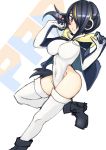 ankle_boots black_footwear black_hair blush boots breasts closed_mouth commentary_request covered_navel dutch_angle emperor_penguin_(kemono_friends) hair_over_one_eye headphones heart highleg highleg_leotard highres hood hoodie jacket kemono_friends large_breasts leg_up leotard long_hair looking_at_viewer multicolored_hair penguins_performance_project_(kemono_friends) red_eyes saku_(saku1151) simple_background smile solo standing standing_on_one_leg thighhighs w_arms white_background white_legwear white_leotard 