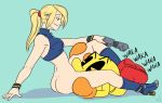  blonde_hair bottomless butt clothed clothing crossover duo female female_on_humanoid footwear gloves hair human human_on_humanoid humanoid inkasylum male male/female mammal metroid nintendo not_furry pac-man pac-man_(series) ponytail samus_aran sex signature simple_background super_smash_bros unknown_species video_games weapon 