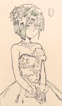  1girl artist_request bare_shoulders bridal_gauntlets darling_in_the_franxx dress gloves highres ichigo_(darling_in_the_franxx) jewelry monochrome necklace sepia_background short_hair simple_background solo speech_bubble spoken_ellipsis third-party_source traditional_media wedding_dress 