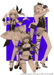  2girls :3 :d ahoge arm_over_head arm_up artist_name asymmetrical_legwear bad_id bad_pixiv_id belt bili_girl_33 bilibili_douga black_footwear blue_background blush_stickers bow copyright_name frilled_skirt frills hair_bow hair_ornament hairclip hand_on_hip highres kneeling limited_palette midriff multiple_girls navel necktie official_art open_mouth pants ponytail prophet_chu short_hair single_thighhigh skirt smile standing star star_print thigh_strap thighhighs watermark web_address white_footwear 