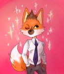  2018 aggressive_retsuko anthro canine clothed clothing digital_media_(artwork) foxwithmoustache fur male mammal maned_wolf necktie one_eye_closed ookami_(aggressive_retsuko) sanrio simple_background wink 