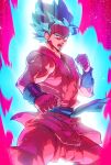  aura blue_eyes blue_hair clenched_hands dougi dragon_ball dragon_ball_super fighting_stance highres kaio_ken looking_at_viewer male_focus open_mouth pink_background serious short_hair simple_background solo son_gokuu spiked_hair super_saiyan_blue supobi upper_body wristband 