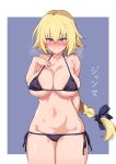 absurdres arms_behind_back bangs bare_shoulders bikini black_bikini blonde_hair blue_eyes blush braid breasts cleavage collarbone cowboy_shot drooling eyebrows_visible_through_hair fate/apocrypha fate_(series) halter_top halterneck hand_on_own_chest highres hips jeanne_d'arc_(fate) jeanne_d'arc_(fate)_(all) large_breasts long_braid long_hair looking_at_viewer navel saliva side-tie_bikini simple_background single_braid smile solo swimsuit try white_background 