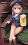  alcohol arm_support barrel beer beer_mug black_legwear brown_eyes brown_hair butter_curry clothes_writing couch crossed_legs cup dress eyebrows_visible_through_hair hat highres holding holding_cup kantai_collection kneehighs long_sleeves looking_at_viewer sailor_collar sailor_dress sailor_hat short_hair sitting smile solo z3_max_schultz_(kantai_collection) 