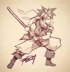  boots chrono_trigger crono from_side full_body graphite_(medium) greyscale headband highres left-handed male_focus monochrome neckerchief robert_porter serious sheath signature solo spiked_hair sword traditional_media unsheathing weapon wristband 