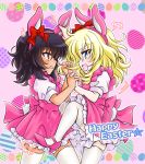  =3 andou_(girls_und_panzer) animal_ears bangs black_hair blonde_hair blue_eyes bow brown_eyes bunny_ears bunny_tail burafu catfight commentary_request dark_skin dress easter_egg egg english eyebrows_visible_through_hair fake_animal_ears fake_tail fighting frilled_dress frills from_side fume girls_und_panzer hair_bow hair_pull hands_together happy_easter high_heels interlocked_fingers large_bow leg_up looking_at_another medium_hair messy_hair multiple_girls oshida_(girls_und_panzer) pink_bow pink_dress pink_footwear purple_background red_bow short_dress standing standing_on_one_leg tail thighhighs trembling white_legwear yuri 