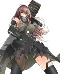  arm_strap armor armpits assault_rifle asymmetrical_legwear bandana bangs brown_eyes brown_hair case closed_mouth clothes_around_waist collarbone commentary_request detached_sleeves elbow_pads eyebrows_visible_through_hair floating_hair gauntlets girls_frontline gloves gun hair_between_eyes hand_in_hair headset highres holding holding_gun holding_weapon jacket_around_waist long_hair m4_carbine m4a1_(girls_frontline) magazine_(weapon) md5_mismatch mod3_(girls_frontline) multicolored_hair pigat pouch ribbed_legwear ribbed_sweater rifle scope sidelocks simple_background skindentation solo strap streaked_hair sweater sweater_vest thigh_strap thighs two-tone_hair weapon weapon_case white_background wind wind_lift 