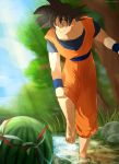  1boy barefoot black_eyes black_hair day dougi dragon_ball dragonball_z food fruit grass happy highres looking_away male_focus one_leg_raised outdoors river rock shaded_face short_hair sky smile son_gokuu spiked_hair standing sunlight tree twitter_username water watermelon wristband 