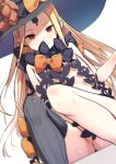  abigail_williams_(fate/grand_order) asymmetrical_legwear bangs black_bow black_hat blonde_hair blurry blurry_foreground blush bow closed_mouth commentary_request depth_of_field dutch_angle fate/grand_order fate_(series) grey_legwear hat hat_bow highres jpeg_artifacts keyhole long_hair looking_at_viewer nude orange_bow parted_bangs pointy_ears red_eyes revealing_clothes sekisei simple_background single_thighhigh sitting smile solo stuffed_animal stuffed_toy teddy_bear thighhighs very_long_hair white_background witch_hat 