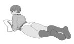 ass bangs book feet freckles from_behind girls_und_panzer greyscale holding holding_book invisible_floor long_sleeves looking_back lying monochrome naomi_(girls_und_panzer) no_pants no_shoes on_stomach panties pillow shirt short_hair socks soles solo sweatdrop thomas_hewitt underwear very_short_hair 