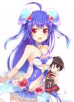  ahoge blue_choker blue_hair choker copyright_request dress hair_ornament heart holding_toy long_hair looking_at_viewer navel open_mouth red_eyes rento_(rukeai) smile solo strapless strapless_dress twitter_username 