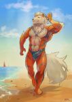  2015 5_fingers abs anthro arcanine armpit_hair barefoot beach biceps biped black_fur black_nose black_stripes blue_sky bulge canine clothed clothing cloud daskun day detailed_background digital_media_(artwork) elbow_tufts erection erection_under_clothes front_view fur hair male mammal multicolored_fur muscular muscular_male nintendo orange_fur outside pecs penis_outline pok&eacute;mon pok&eacute;mon_(species) sand sea seaside signature sky solo speedo striped_fur stripes swimsuit topless tuft video_games walking water white_fur white_hair white_tail 