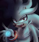  chest_tuft fangs freedomfightersonic hair hedgehog long_hair looking_at_viewer magic male mammal open_maw red_eyes silver_the_hedgehog solo sonic_(series) teeth tongue tuft vampire 
