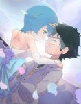  1boy 1girl aqua_eyes black_hair blue_bow blue_eyes blue_hair bow bridal_veil dress flower flower_petals formal fuhikari hairband hand_on_another&#039;s_shoulder hetero holding necklace necktie open_mouth pokemon pokemon_(anime) pokemon_sm_(anime) purple_flower satoshi_(pokemon) short_hair sleeveless sleeveless_dress smile standing strapless strapless_dress suiren_(pokemon) suit veil wedding wedding_dress white_gloves 