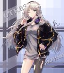  alternate_costume an-94_(girls_frontline) baggy_clothes bangs black_bra black_legwear blonde_hair blue_eyes blush bra breasts casual cellphone closed_mouth collarbone commentary_request cowboy_shot dated dog_tags dress eyebrows_visible_through_hair girls_frontline grey_dress hair_ribbon hairband half-closed_eye hand_on_headphones headphones headphones_around_neck holding holding_phone jacket long_hair long_sleeves looking_at_viewer medium_breasts off_shoulder one_eye_closed open_clothes open_jacket pantyhose pantyhose_around_one_leg phone ribbon short_dress sidelocks signature smartphone solo thighs torn_clothes torn_legwear tress_ribbon underwear unzipped zhishi_ge_fangzhang zipper 