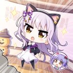  2girls :d :o amahane_(n_amaha) animal_ears bang_dream! bangs bat_hair_ornament bell black_jacket black_legwear bow cat_ears center_frills chibi clenched_hands commentary_request emphasis_lines fake_animal_ears grey_hair hair_bell hair_bow hair_ornament hairband hand_on_own_chest hands_up hat jack-o'-lantern jacket jingle_bell long_hair lowres minato_yukina multiple_girls open_mouth print_bow purple_bow purple_hair smile solo_focus sparkling_eyes spoken_character standing star star_print twintails udagawa_ako v-shaped_eyebrows witch_hat yellow_eyes 