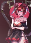  arm_under_breasts bangs bare_shoulders black_panties blood_moon_evelynn blue_eyes blunt_bangs blush breast_hold breasts choker cleavage collarbone commentary_request cowboy_shot dress evelynn eyebrows_visible_through_hair fang frilled_sleeves frills hair_ornament holding holding_pipe horns kiseru league_of_legends looking_at_viewer makeup mascara moonandmist oni open_mouth panties panty_peek pipe red_hair short_sleeves smile tattoo underwear 