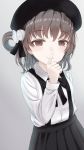  bangs beret black_hat black_ribbon black_skirt blush brown_eyes brown_hair closed_mouth collared_shirt commentary_request eyebrows_visible_through_hair finger_to_mouth flower hair_between_eyes hair_flower hair_ornament hair_rings hand_up hat hatoba_tsugu hatoba_tsugu_(character) highres long_sleeves mimikaki_(men_bow) mole mole_under_eye pleated_skirt ribbon rose shirt shushing skirt smile solo suspender_skirt suspenders virtual_youtuber white_flower white_rose white_shirt 