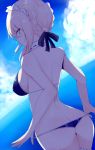  artoria_pendragon_(all) artoria_pendragon_(swimsuit_rider_alter) ass bare_arms bikini bikini_pull blonde_hair blue_bikini blue_sky braid breasts cloud cloudy_sky cowboy_shot day eyebrows_visible_through_hair fate/grand_order fate_(series) food from_behind hair_ribbon han_(jackpot) looking_at_viewer maid_headdress medium_breasts mouth_hold outdoors popsicle profile ribbon sideboob sky solo standing swimsuit thong_bikini yellow_eyes 