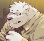  2018 abstract_background bear beverage clothing cup eyewear garouzuki glasses inside kemono ken_(garouzuki) male mammal obese overweight polar_bear solo uniform 