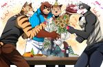 anthro bear bearlovestiger13 big_muscles blush canine clothed clothing feline flower group male mammal muscular muscular_male open_mouth party plant tiger tongue wolf 