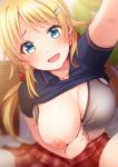  blonde_hair blue_eyes blush bra bra_pull breasts cleavage commentary_request eyebrows_visible_through_hair hachimiya_meguru hair_ornament hairclip hatomugi_(mugicha) highres idolmaster idolmaster_shiny_colors large_breasts looking_at_viewer low_twintails nipples one_breast_out open_mouth pleated_skirt puffy_nipples reaching_out self_shot shirt_lift skirt solo sports_bra twintails underwear 