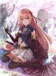  arisa_(shadowverse) arm_support back-to-back belt black_gloves boots brown_footwear brown_hair cherry_blossoms day elbow_gloves eyebrows_visible_through_hair flower gloves green_eyes hair_between_eyes hair_ribbon highres long_hair looking_at_viewer losaria_(shadowverse) mamehamu miniskirt multiple_girls neck_ribbon outdoors pink_flower pleated_skirt pointy_ears red_cloak red_ribbon ribbon shadowverse silver_hair skirt smile thigh_boots thighhighs tree very_long_hair white_skirt zettai_ryouiki 