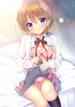  :p bangs bed_sheet black_legwear blush bow bow_bra bow_panties bra breasts brown_hair closed_mouth collared_shirt commentary_request eyebrows_visible_through_hair flower gochuumon_wa_usagi_desu_ka? hair_flower hair_ornament head_tilt heart hoto_cocoa indoors kneehighs legs_together lifted_by_self looking_at_viewer on_bed open_clothes open_mouth open_shirt panties pillow pink_bra pink_panties plaid plaid_skirt purple_eyes ribbon shibainu_niki shirt short_hair sitting skirt skirt_lift small_breasts smile solo speech_bubble spoken_heart striped striped_ribbon tongue tongue_out unbuttoned underwear white_pillow white_shirt 
