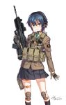  ammunition_pouch aqua_eyes arm_at_side assault_rifle bangs black_legwear blue_hair borrowed_character bullpup commentary feet_out_of_frame fn_f2000 gloves green_neckwear gun hair_between_eyes headset highres holding holding_gun holding_weapon jacket knee_pads kneehighs kws long_sleeves looking_at_viewer military necktie original pleated_skirt pouch rifle short_hair signature simple_background skirt smile solo standing thigh_pouch trigger_discipline weapon white_background wing_collar 