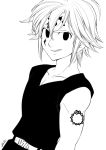  belt collarbone dark_persona dragon_tattoo evil_smile greyscale grin harumiya looking_at_viewer meliodas monochrome nanatsu_no_taizai shoulder_tattoo smile tattoo 