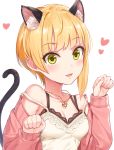 animal_ears bangs bare_shoulders blonde_hair blush breasts cat_ears cat_tail cleavage collarbone extra_ears eyebrows_visible_through_hair green_eyes heart idolmaster idolmaster_cinderella_girls jewelry kemonomimi_mode lips long_sleeves looking_at_viewer medium_breasts miyamoto_frederica open_mouth paw_pose short_hair simple_background smile solo strap_slip tail upper_body white_background yuuhi_(ages) 