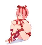  barefoot blush closed_mouth dated doremi elbows_on_knees embarrassed hair_ribbon looking_at_viewer naked_ribbon original pink_hair red_eyes red_ribbon ribbon short_hair simple_background sitting solo white_background 